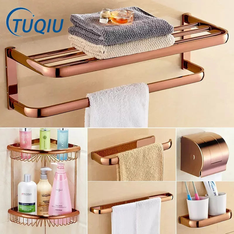 ensemble porte serviettes moderne rose doré salle bain fixations murales lisses opaques