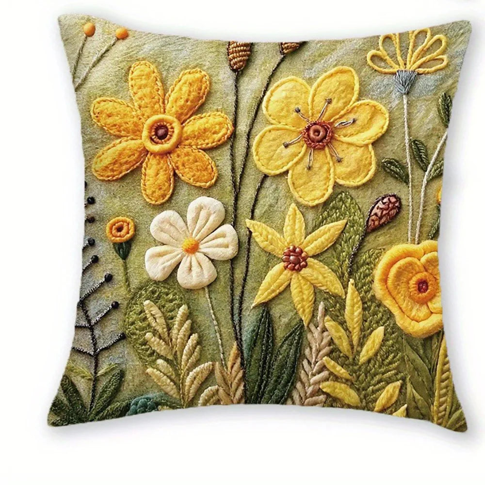 taies d'oreiller polyester fleurs relief artisanal zipper 45x45cm vert jaune blanc