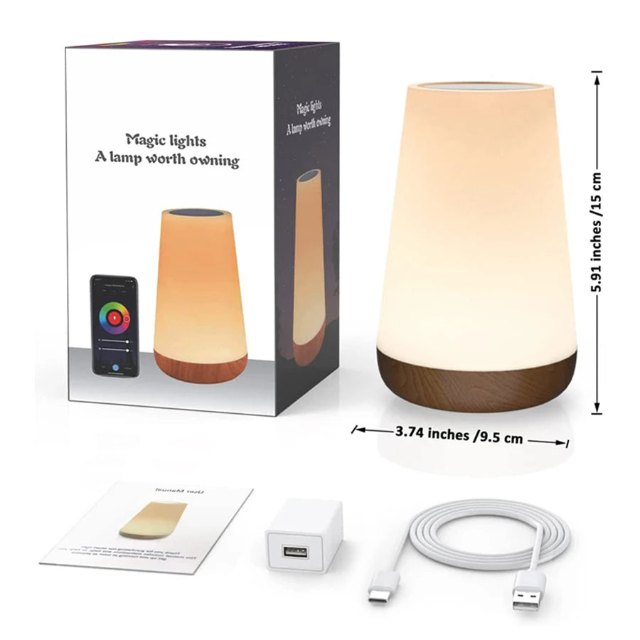 lampe table moderne blanc bois foncé texture naturelle commande tactile RVB chambre coucher