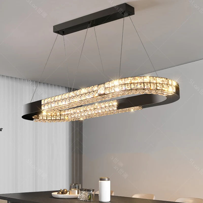 suspension lumineuse moderne cristaux géométriques noir transparent éclairage intérieur chaînes rc dimmable