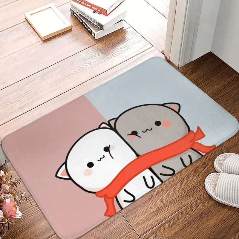 tapis sol moderne motif chat mignon mangeant nouilles rose gris blanc intérieur extérieur