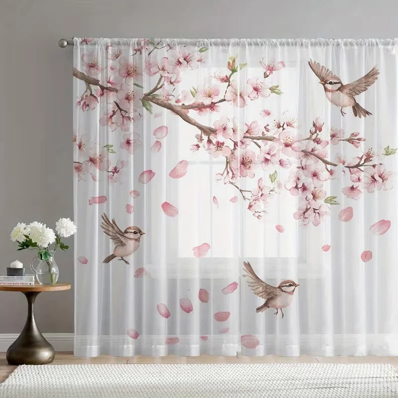 rideau transparent motif fleurs cerisier oiseaux moderne floral maison