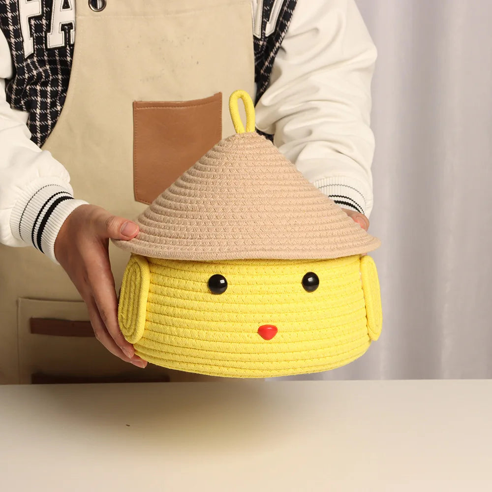 boîtes rangement tressées jaune beige enfantines decoratives chapeaux livres fleur artificielle simple moderne