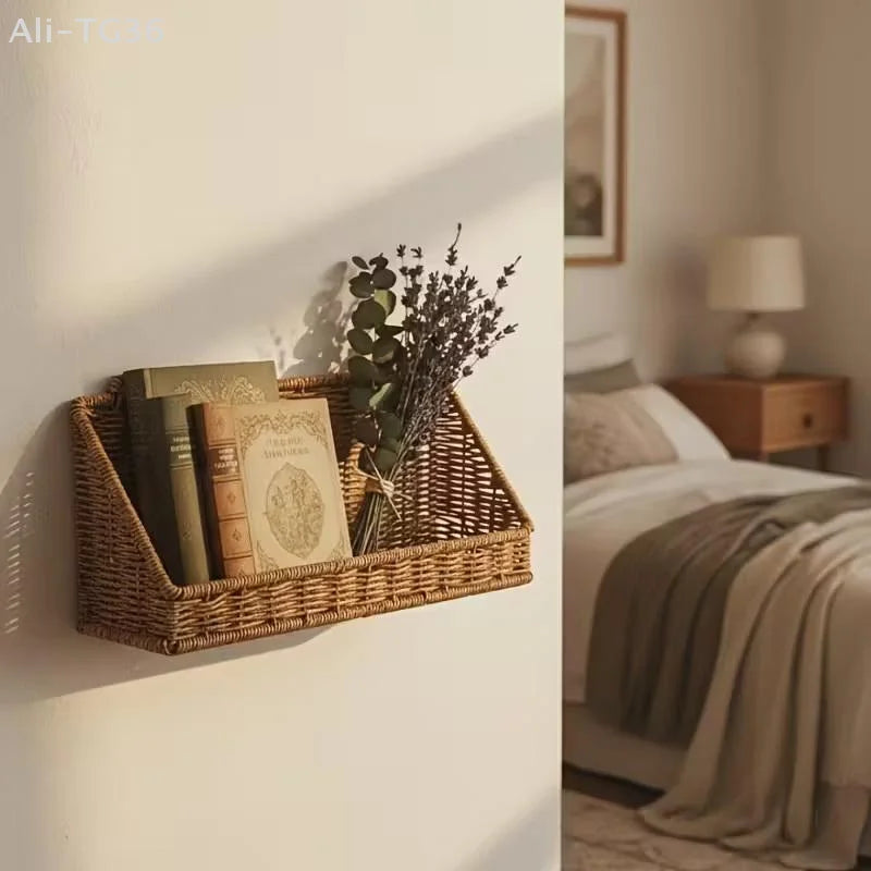 panier mural suspendu tressé rustique bohème marron clair rangement cuisine salle bain livres fleurs