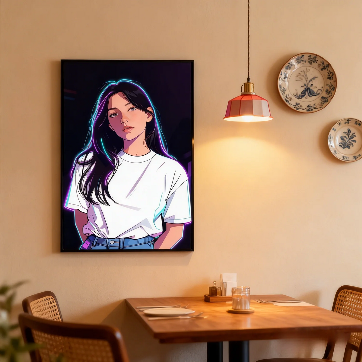 affiche murale personnalisée poster cyberpunk néon moderne rectangle vertical illustration graphique couleurs vives cadre
