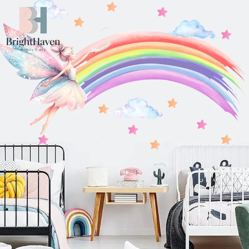 autocollant mural arc ciel fée dessin animé multicolore nuages étoiles chambre enfant illustration volantes
