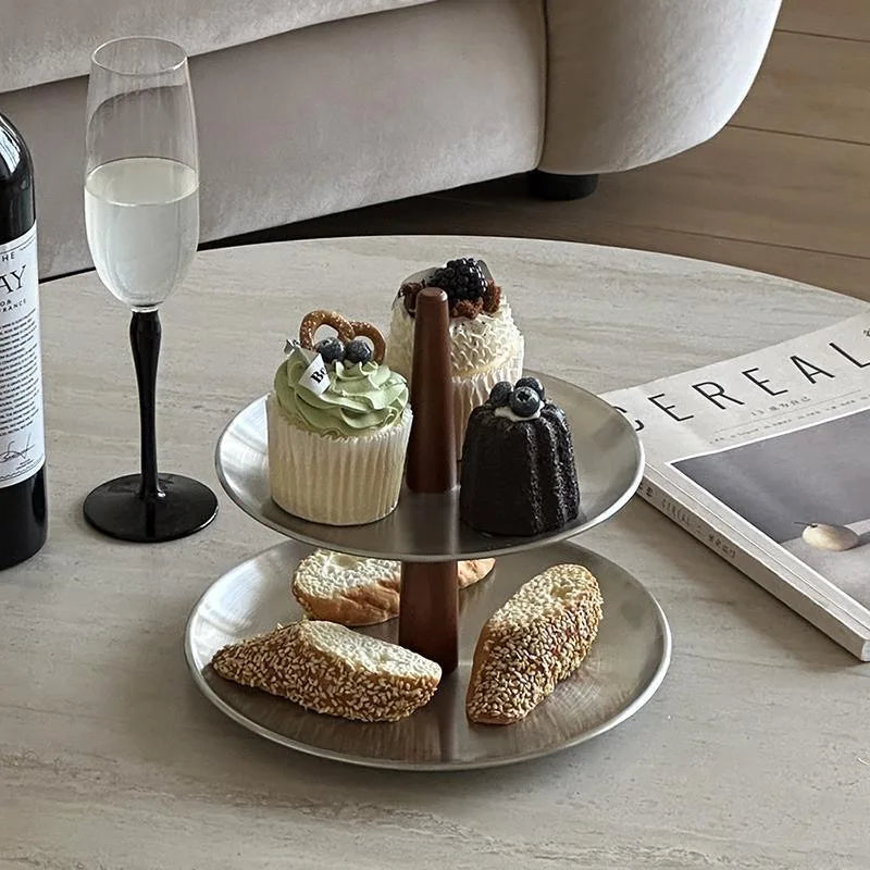 plateau rangement triple niveau acier inoxydable bois minimaliste modernes épurés bijoux clés cosmétiques gâteaux