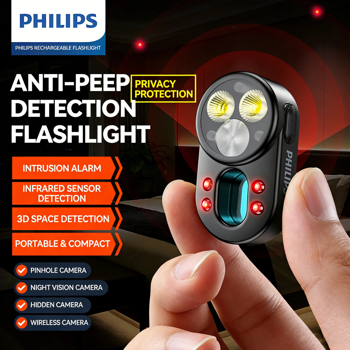 lampe torche détecteur espion noir moderne compact 200 500 mètres éclairage ABS matériaux sécurité