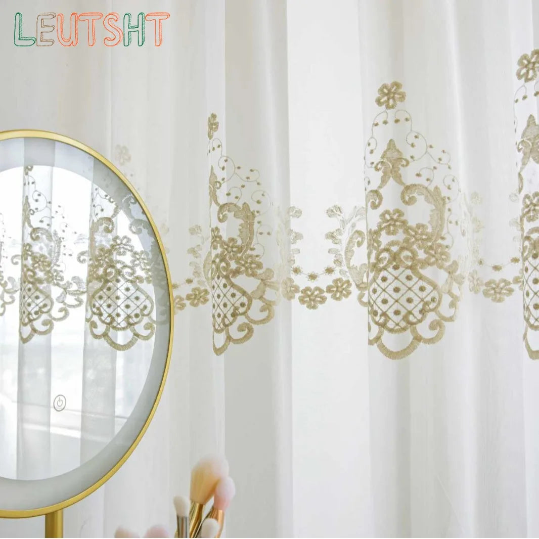 rideau blanc brodé transparent classique chambre salon polyester moderne