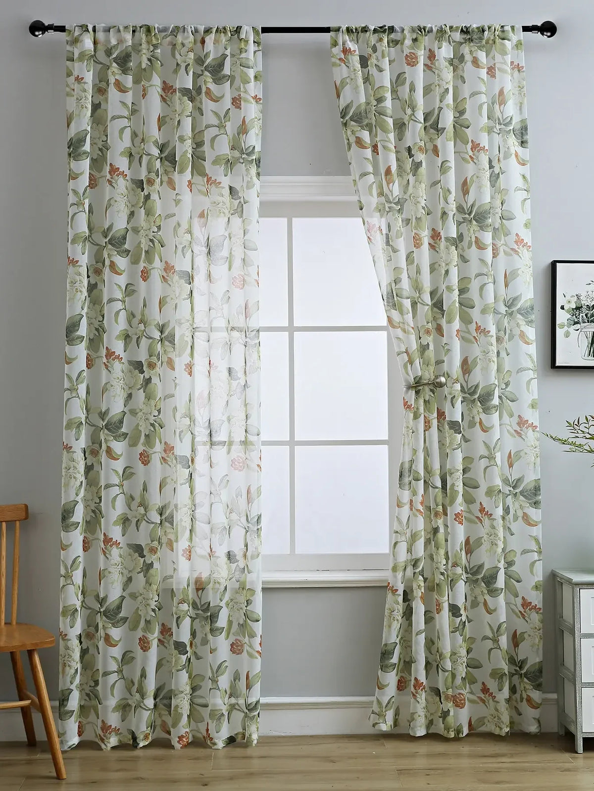 rideau moderne fleuri blanc vert orange beige translucide maison polyester