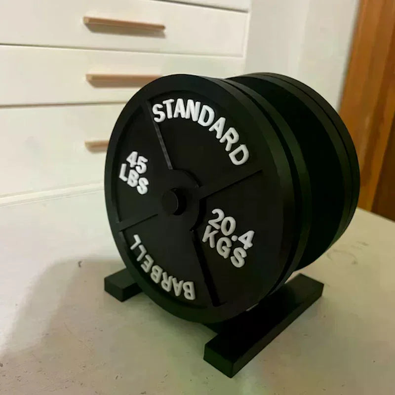 porte gobelet haltère noir imitation disque musculation standard barbell 45 lbs 20.4 kgs surface