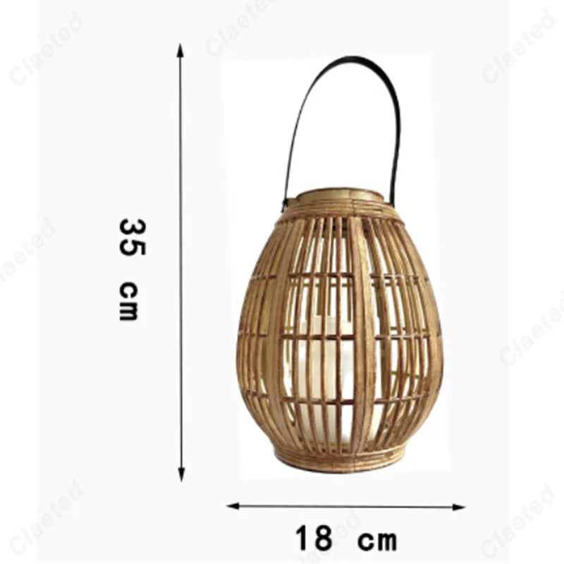lanterne solaire led beige clair structure bois tressée rustique extérieure ambiance zen bohème