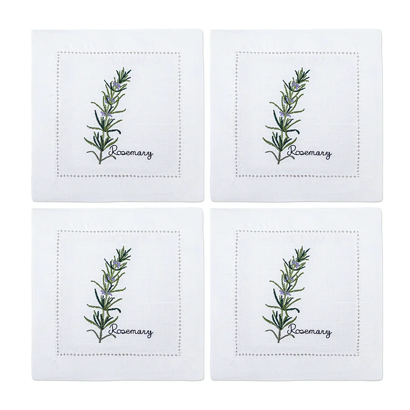 serviette cuisine lin blanc brodée motifs plantes aromatiques naturelle table élégante