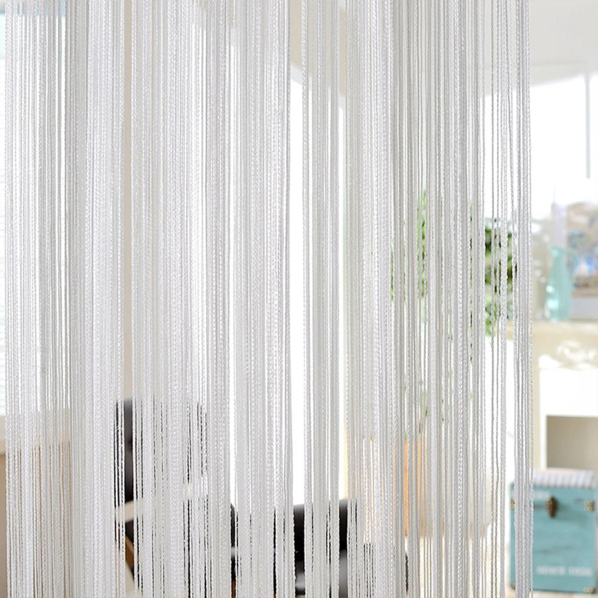 rideau franges polyester moderne translucide argenté blanc salon décoration intérieure