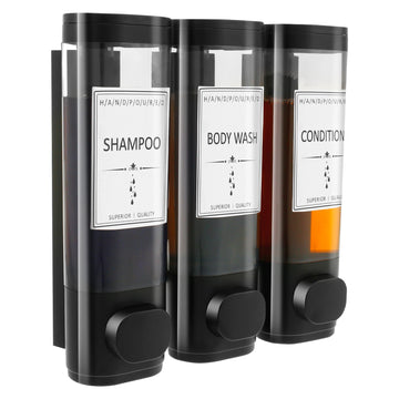 distributeur mural moderne noir transparent shampooing gel douche après shampooing embouts remplissage étiquettes poignée