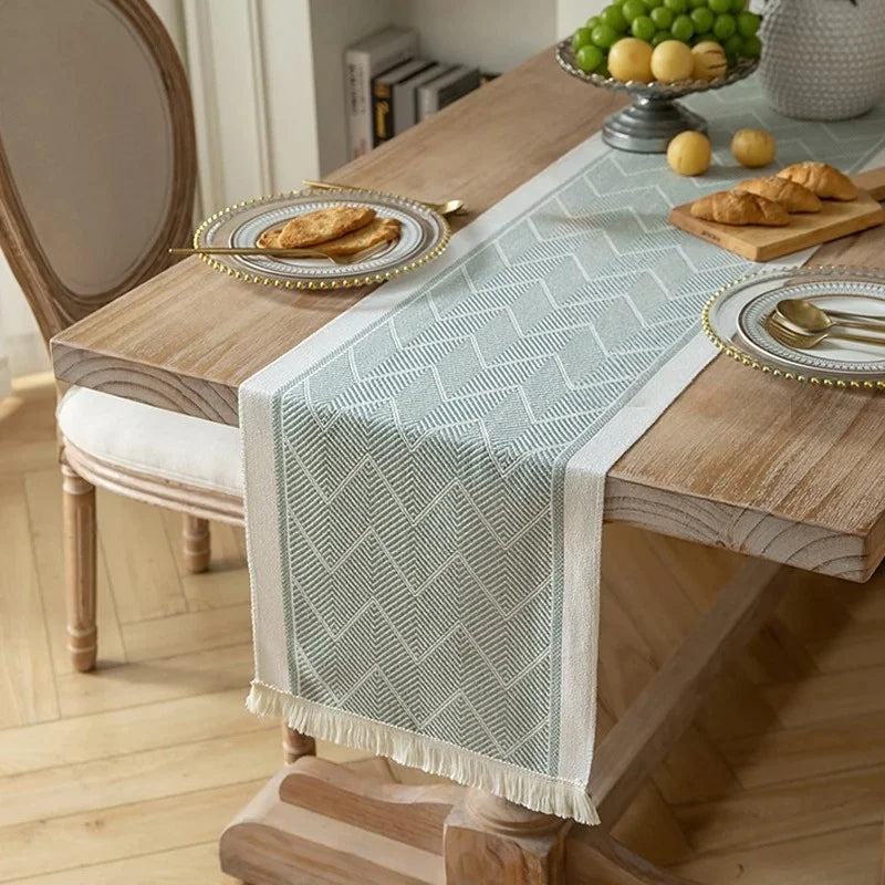 chemin table moderne motif géométrique beige gris clair tissu polyester opaque