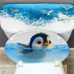 cache wc adhésif illustration animée pingouin oiseaux vague bleu blanc gris orange