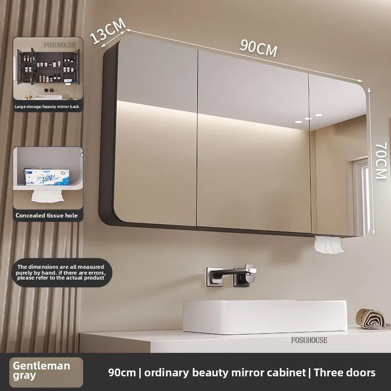 armoire salle bain murale miroir led rangement porte coulissante moderne blanc gris