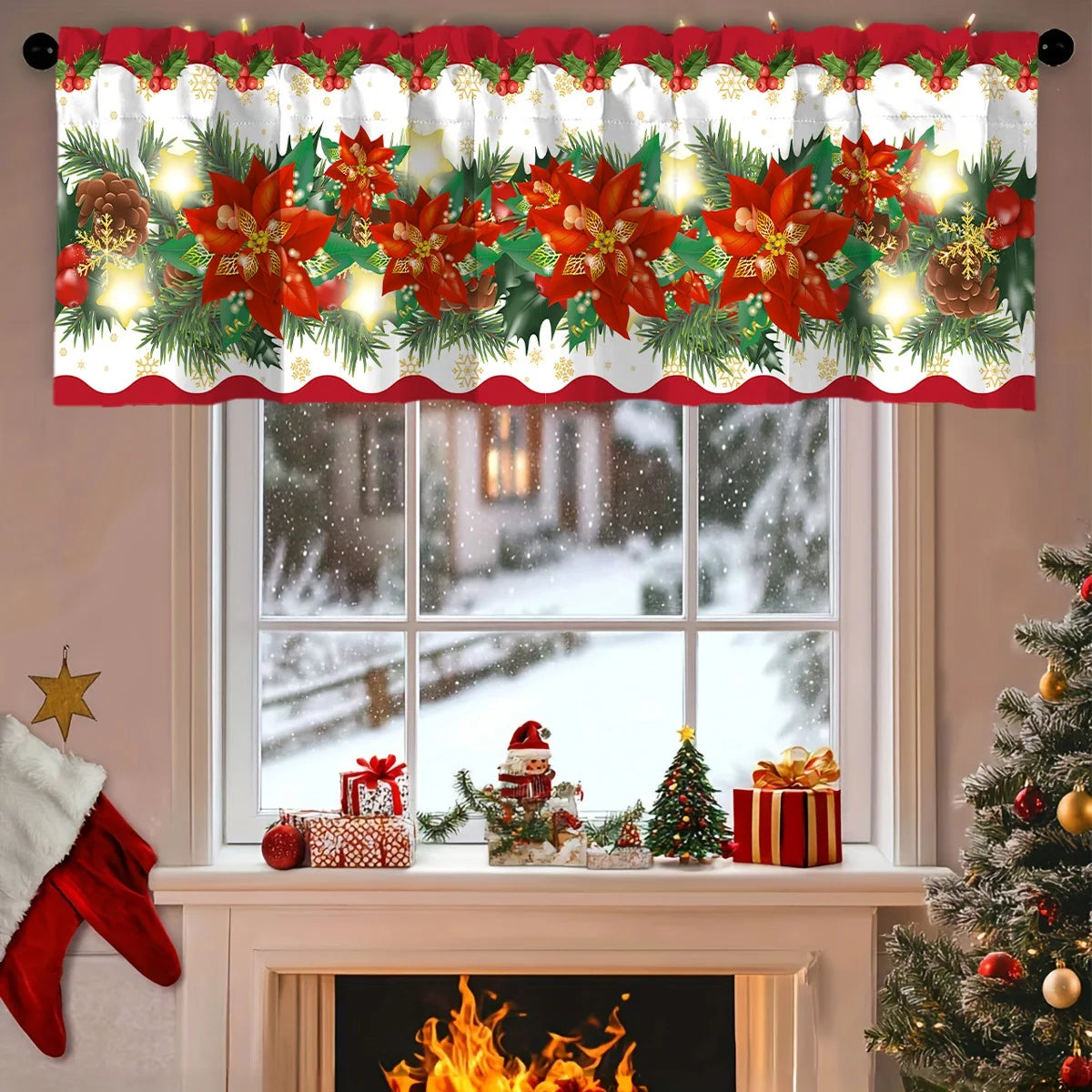rideau noël blanc motifs flocons arbres eyelets polyester opaque traditionnel