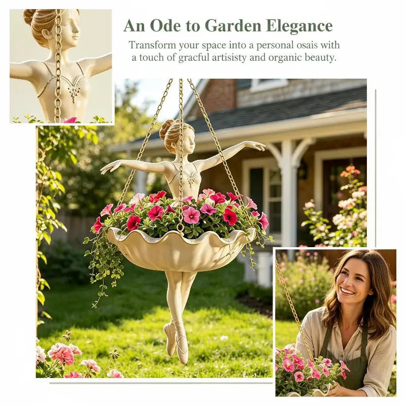 cache pot suspendu sculpture danseuse or blanc art déco élégant bordure ondulée chaînes dorées