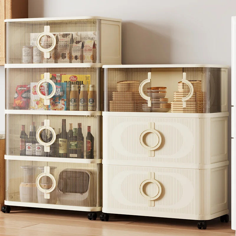 meuble rangement moderne beige tiroirs poignées circulaires roulettes salon chambre organisateur horizontal
