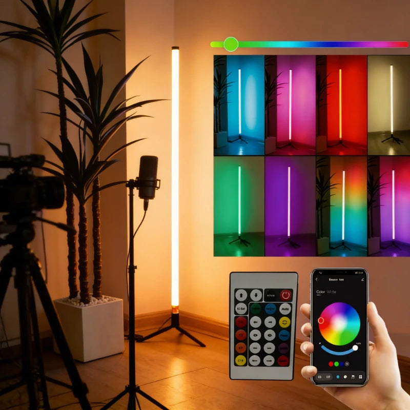 lampe sol led rgb blanc orange bleu verte moderne pied treillis détecteur son lumière