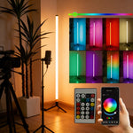 lampe sol led rgb blanc orange bleu verte moderne pied treillis détecteur son lumière