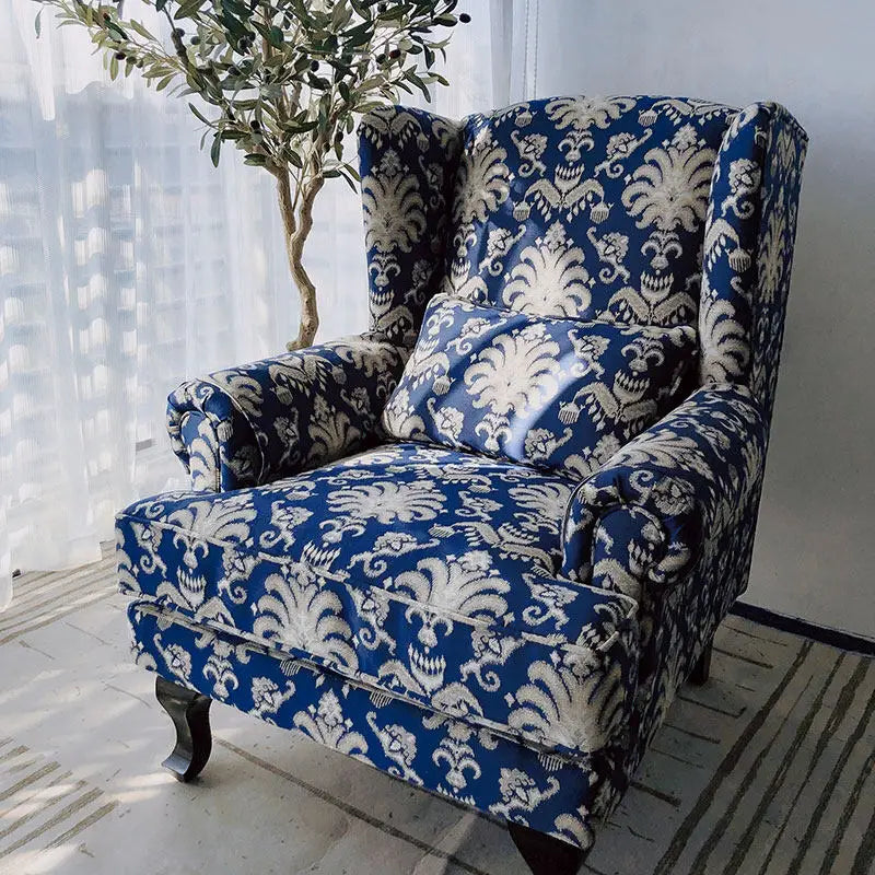 fauteuil classique bleu damassé coussin tissu composite bois sponge chambre salon minimaliste moderne
