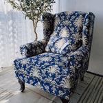 fauteuil classique bleu damassé coussin tissu composite bois sponge chambre salon minimaliste moderne