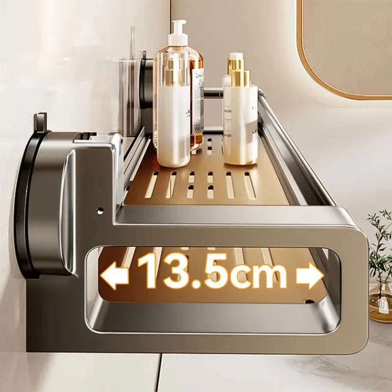 étagère salle bain argentée suction cup moderne minimaliste rangement bouteilles cosmétiques serviettes accessoires