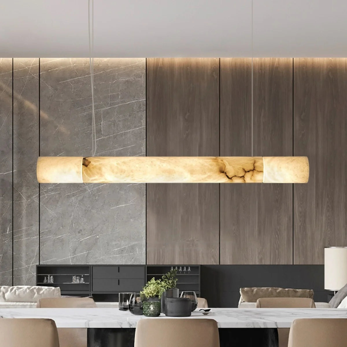 lampe suspendue marbre moderne beige gris clair veineuse led 120cm salon restaurant chambre cuisine