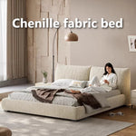 lit moderne bois chenille beige storage 2cabinet oreillers draps couverture