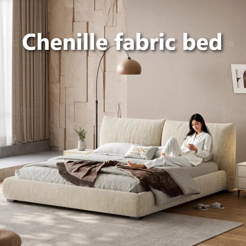lit moderne bois chenille beige storage 2cabinet oreillers draps couverture