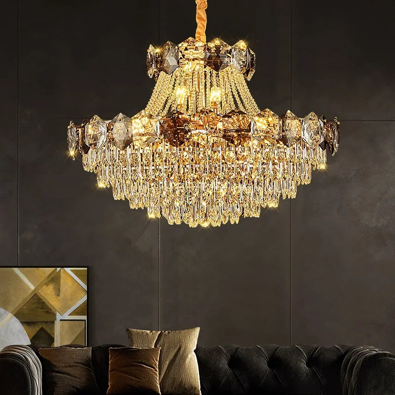 lustre cristal doré moderne grand salon salle manger luxe élégant suspension intérieur