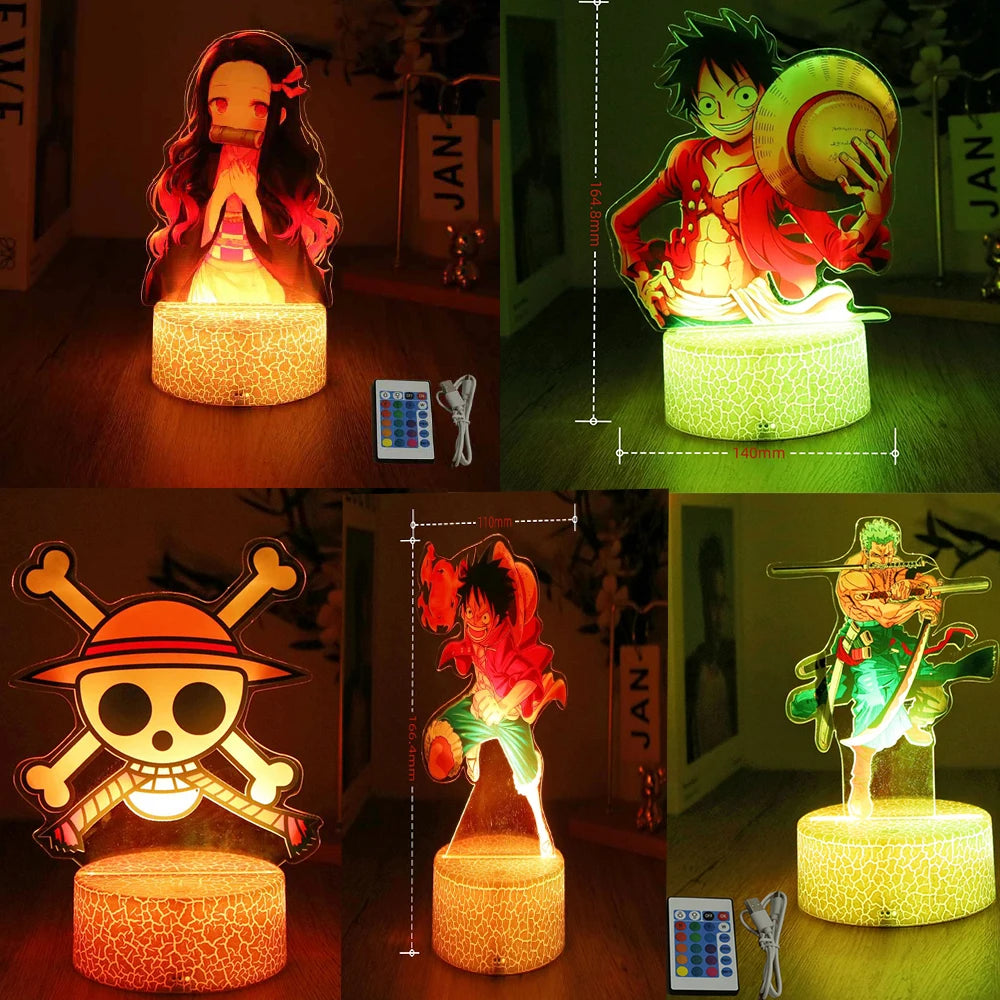 lampe led 3d anime luffy zorro cracked surface télécommande câble usb nocturne rouge vert