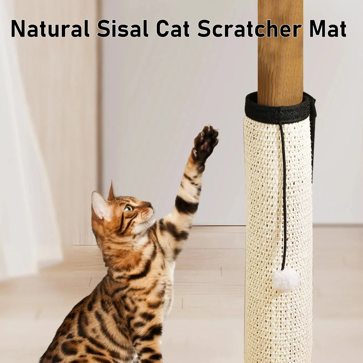 tapis griffoir moderne sisal beige bordure élastique chat jouet plumeuxSuspensons là car nous devons