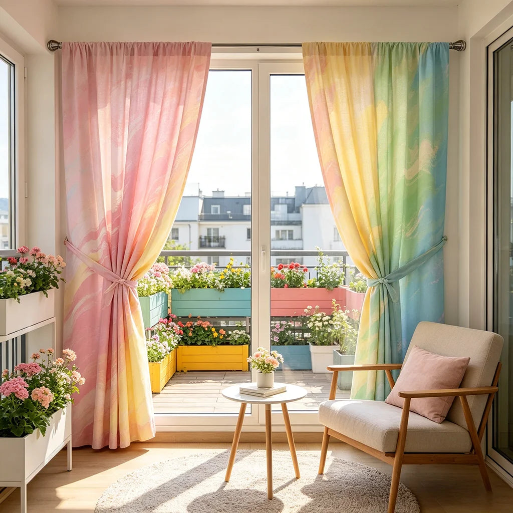 rideaux pastel dégradé arc ciel semi translucides moderne doux chambre salonhôtel polyester