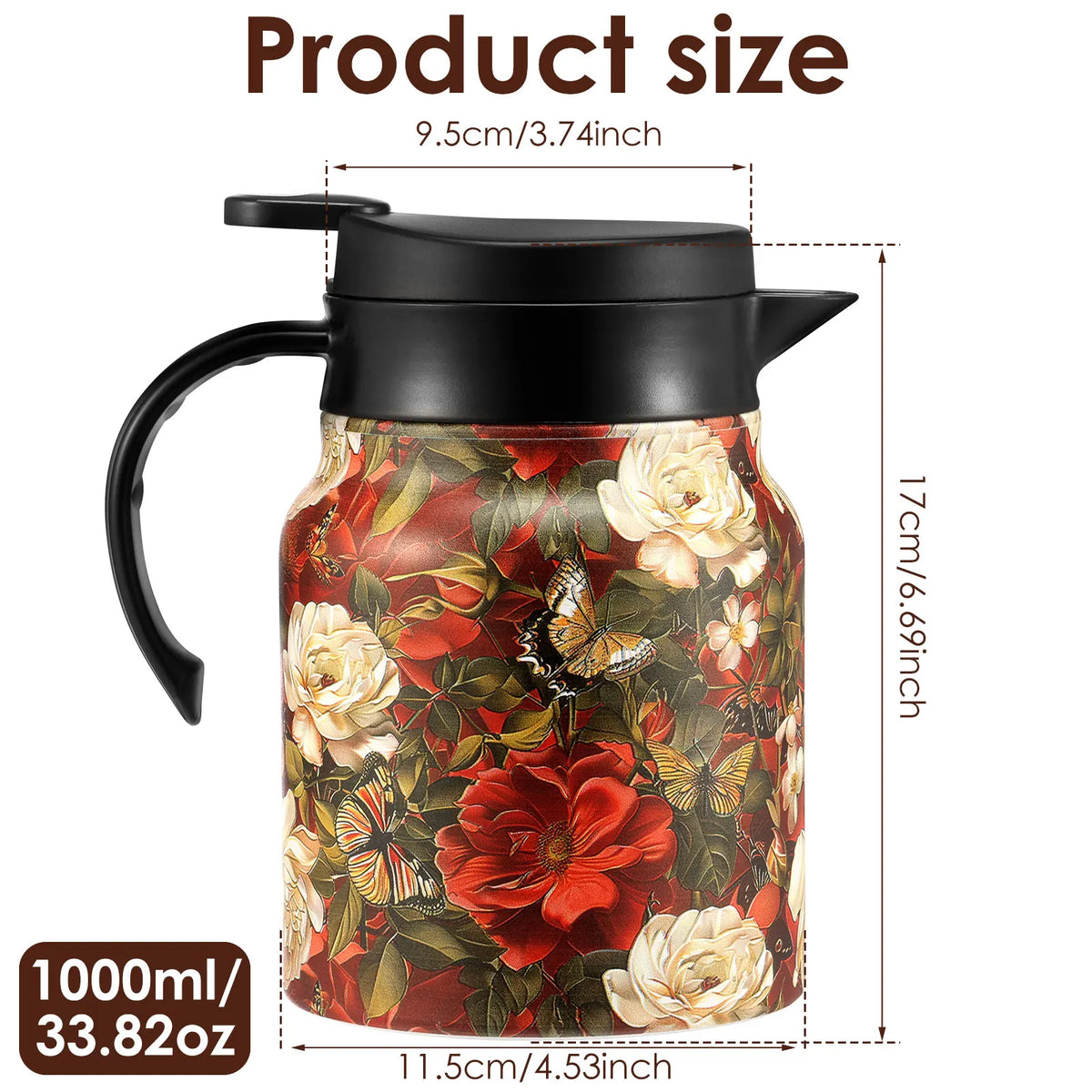 théière thermique acier inoxydable fleurs vintage poignée bois tasse assiette plateau