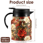théière thermique acier inoxydable fleurs vintage poignée bois tasse assiette plateau
