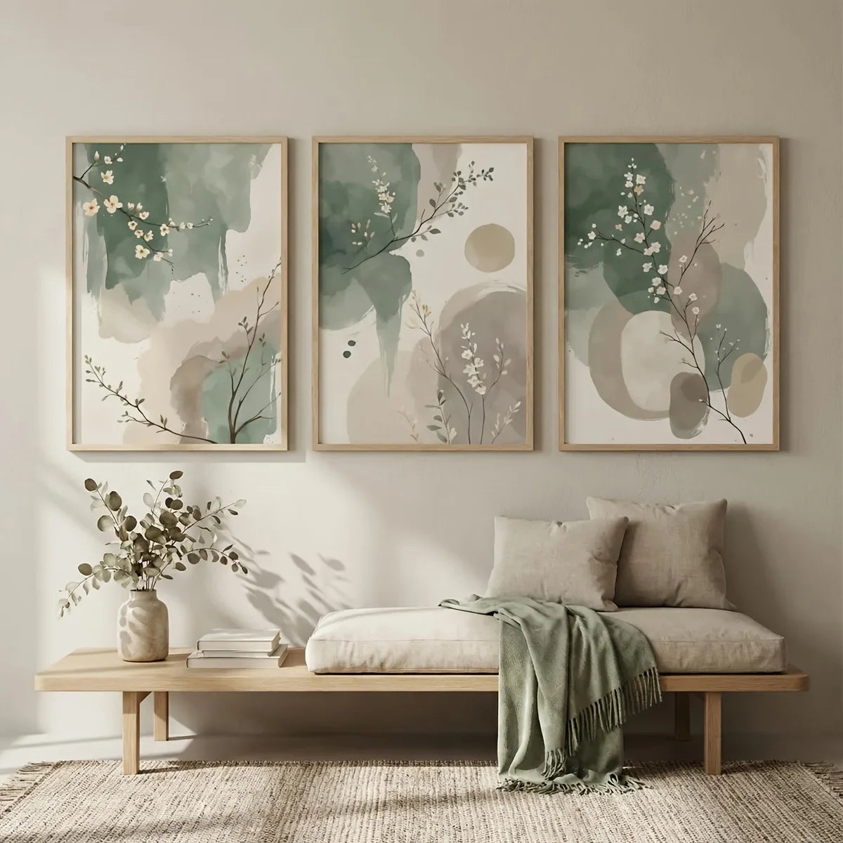 tableaux abstraits fleurs stylisées vert beige sans cadre moderne décoration chambre contemporaine minimaliste imprime