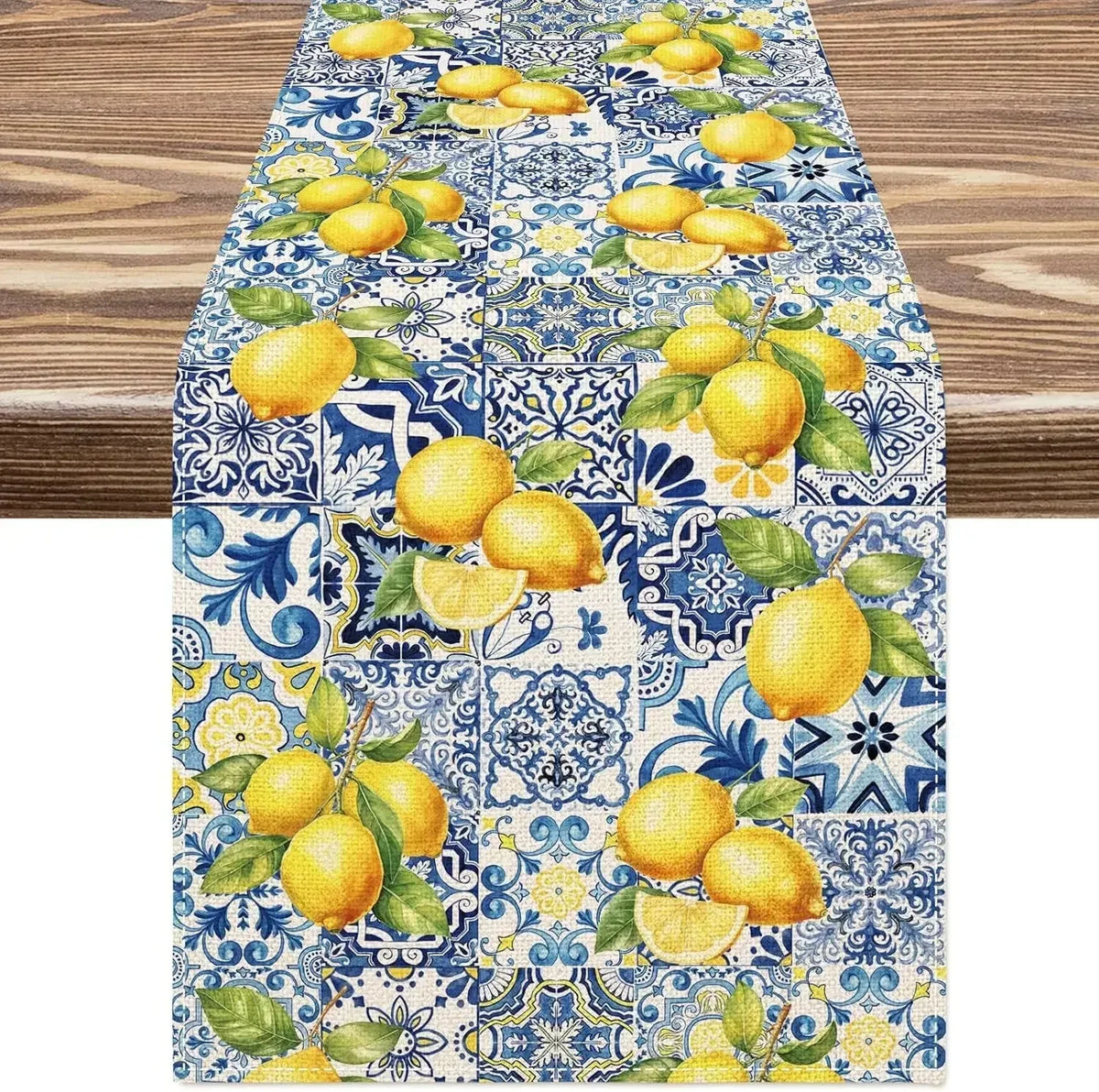 nappe lin bleu jaune motifs citrons géométriques rustique décoration méditerranéenne été printemps hiver noël