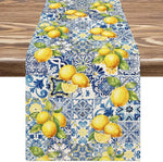 nappe lin bleu jaune motifs citrons géométriques rustique décoration méditerranéenne été printemps hiver noël