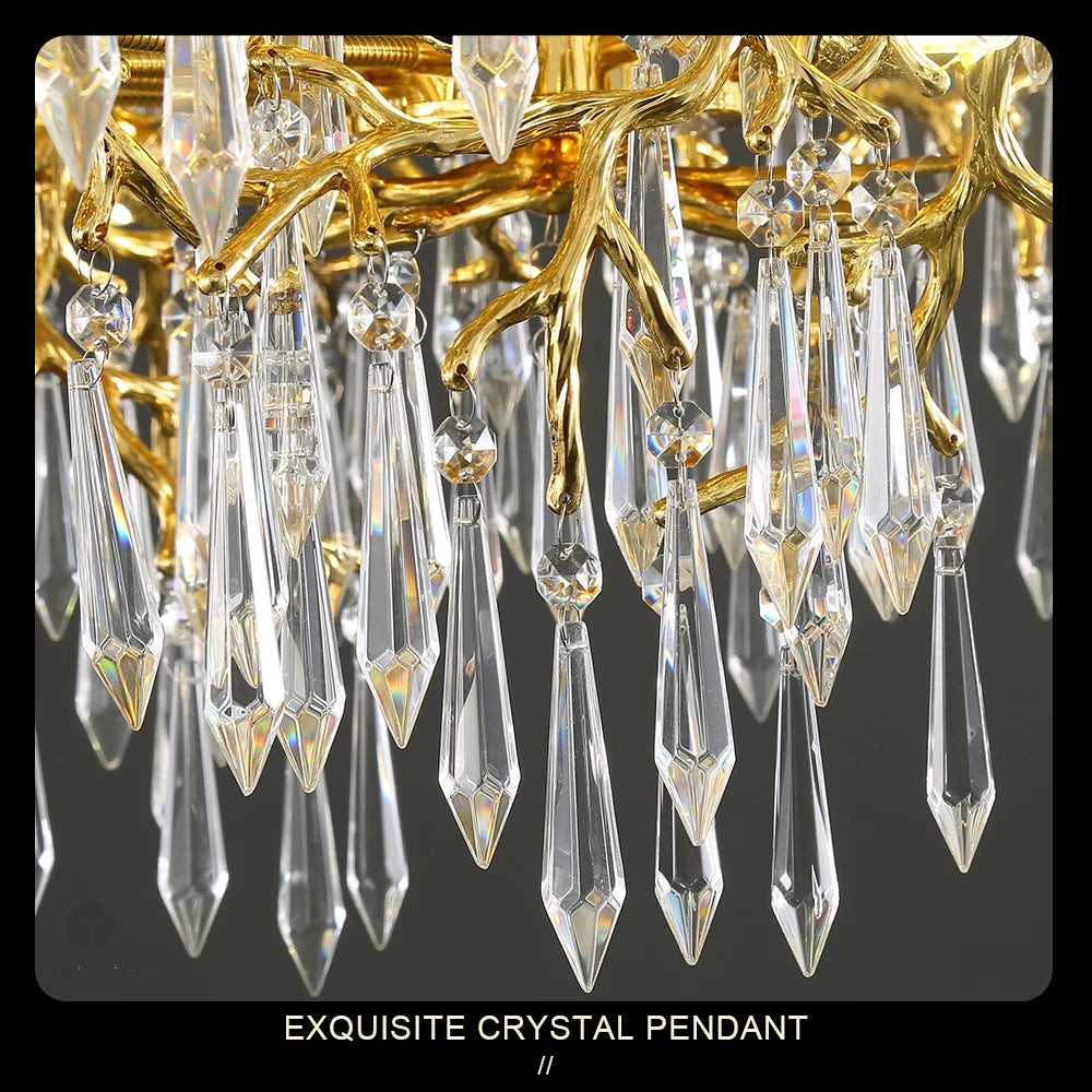 lampe suspendue or cristal moderne branches dorées pendeloques transparentes chambre salon