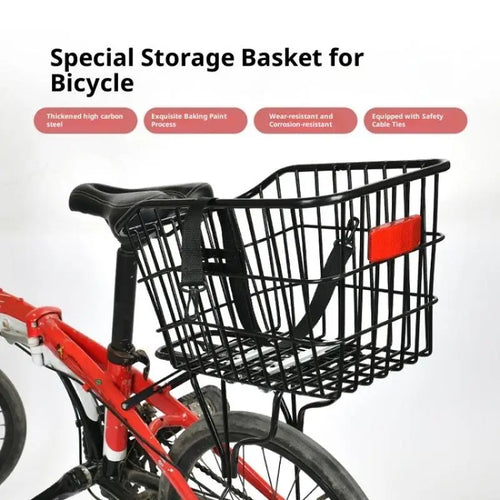 panier arrière vélo acier métallique treillis filigrane noir gris utilitaire fixations câbles essentiels courses
