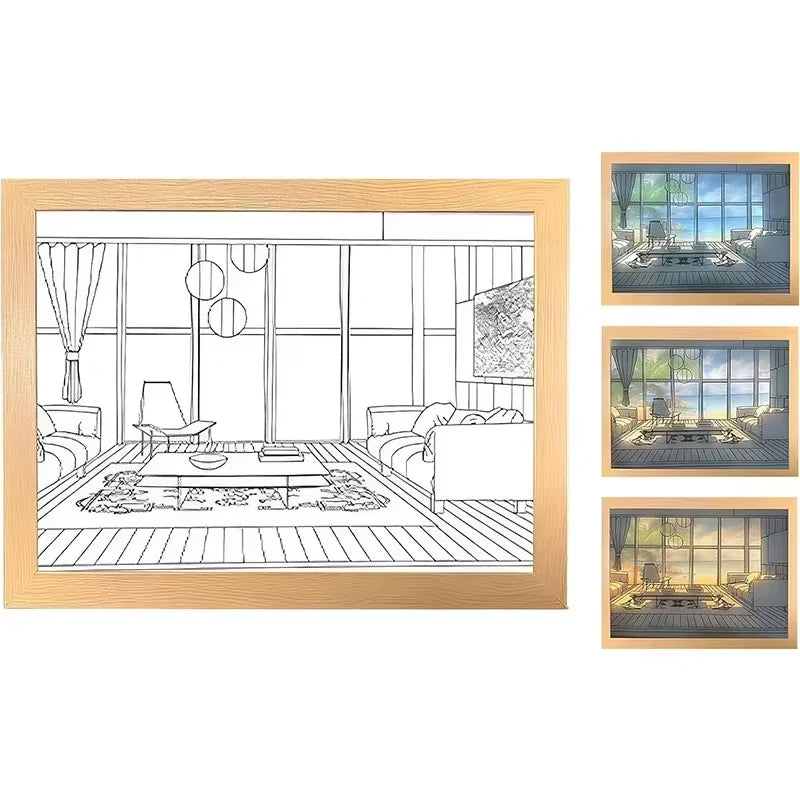 lampe ambiance rectangle cadre photo monochrome diffusion lumiere texture bois moderne