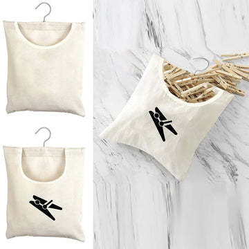sac rangement épingles linge motif pince linge toile beige crochet métallique fixations murales pinces