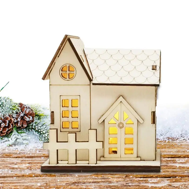décoration noël maisonnette bois lumineuse fenêtres transparentes rustique vintage blanc beige