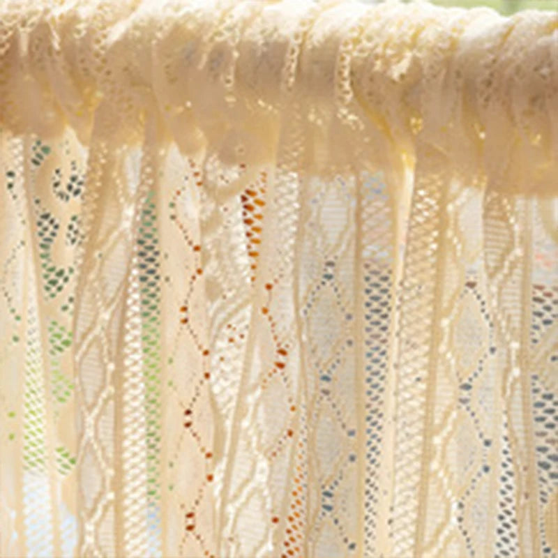 rideau polyester semi transparent beige dentelle géométrique vintage tassellets chambre salon cuisine
