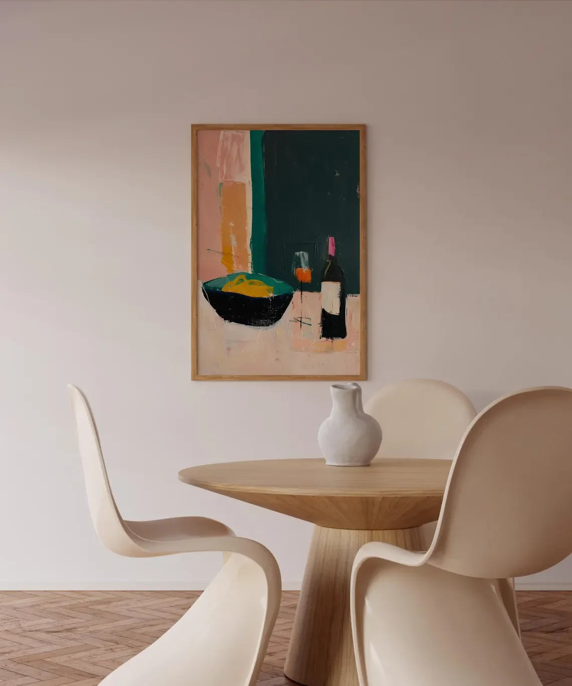 tableau abstrait contemporain couleur noir vert orange rose beige blanc fixé cadre bois chambre