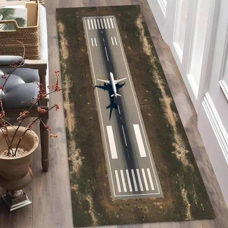 tapis moderne aéroport piste atterrissage floral gris noir blanc vert extérieur décoration chambrehôtel